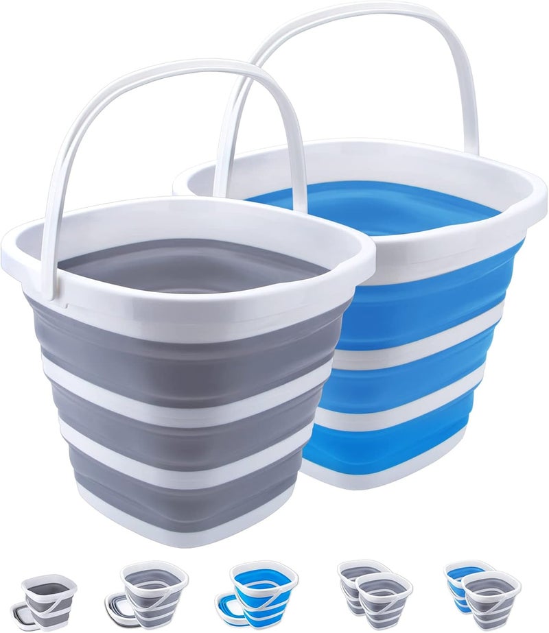 Craftend 2 Pack Collapsible Buckets 10L 2.6 Gallon Cleaning Bucket Mop Bucket Folding Foldable Portable Small Plastic Water Supplies for Outdoor Garden Camping Fishing Car Wash Space Saving Square Grey Blue - Image 1